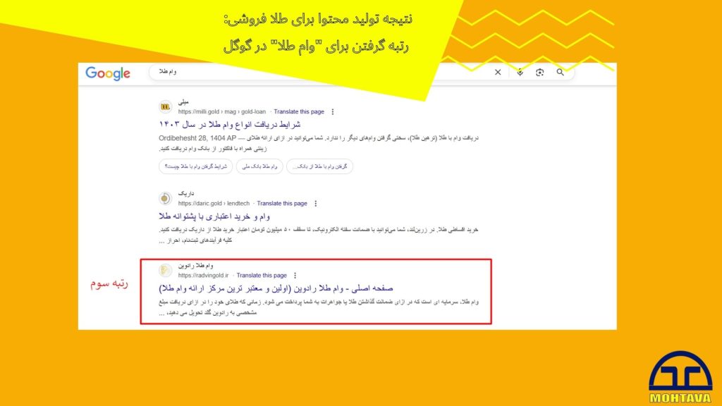 نتایج تولید محتوا برای طلا فروشی